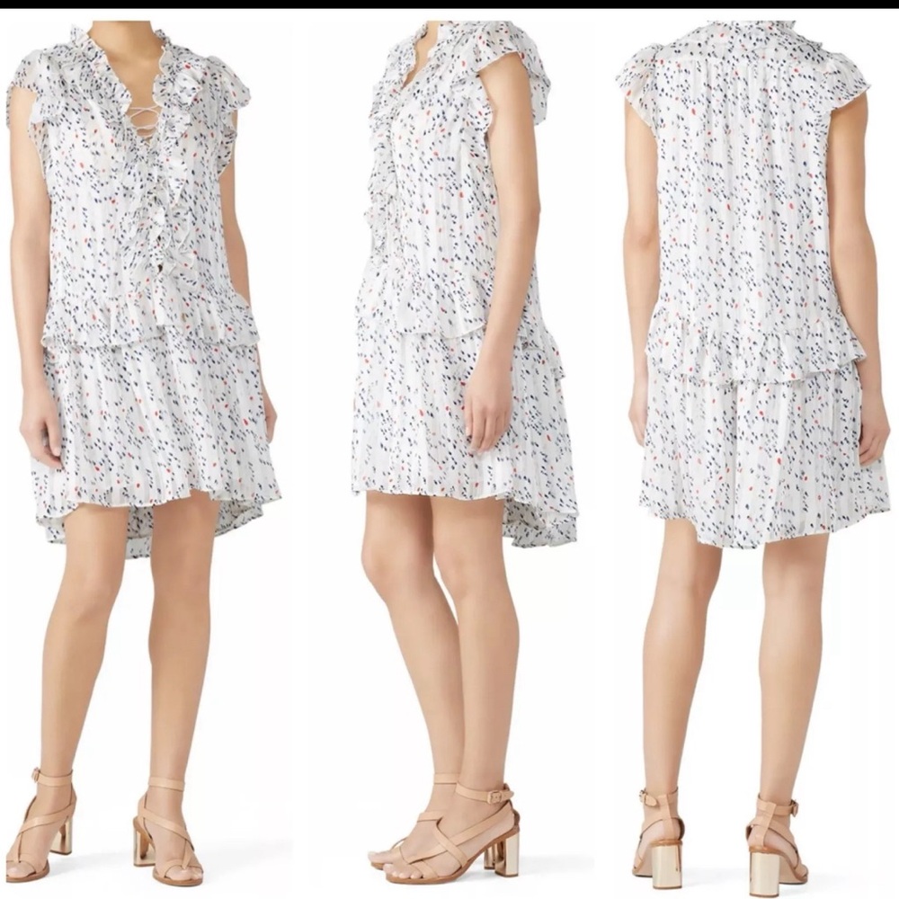 Sabina Musayev White Ruffle Mini Dress with Multicolor Confetti Print